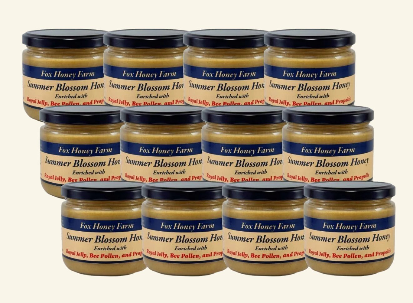 Raw Honey with Royal jelly, Bee pollen, and Propolis case of 12