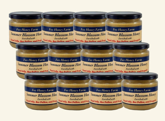 Raw Honey with Royal jelly, Bee pollen, and Propolis case of 12